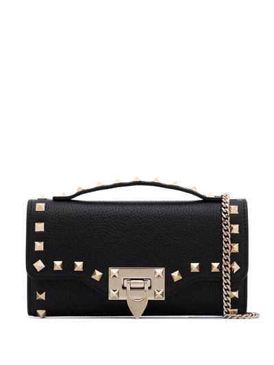 Shop Valentino Rockstud Leather Wallet-on-chain In Black