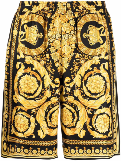 Versace Knee-length Black And Gold Silk Shorts With Barocco Print In Schwarz