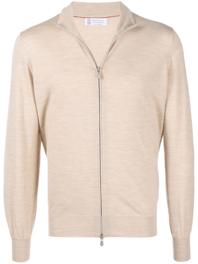Shop Brunello Cucinelli Zipped-up Knit Cardigan In Nude