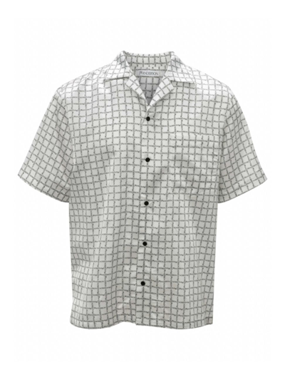 Shop Jw Anderson Men's Checkered Monogram Print Short-sleeve Shirt In White Black