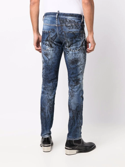 Shop Dsquared2 Floral-print Bleached-effect Skinny Jeans In Blue