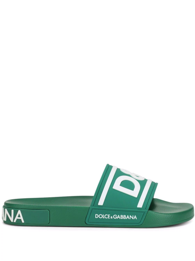 Shop Dolce & Gabbana Logo-strap Slides In Green