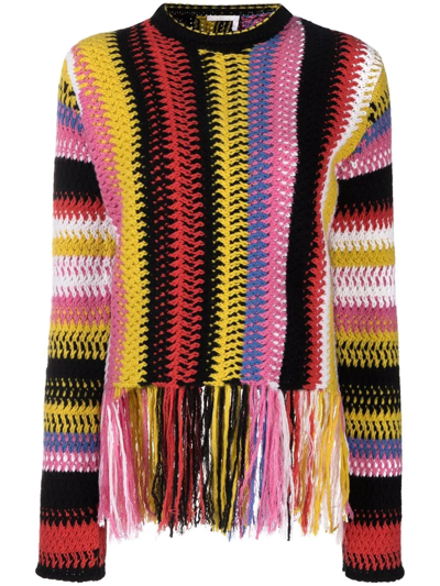 Chloé Fringed Bottom Crochet Sweater With Multicolor Motif In Gelb