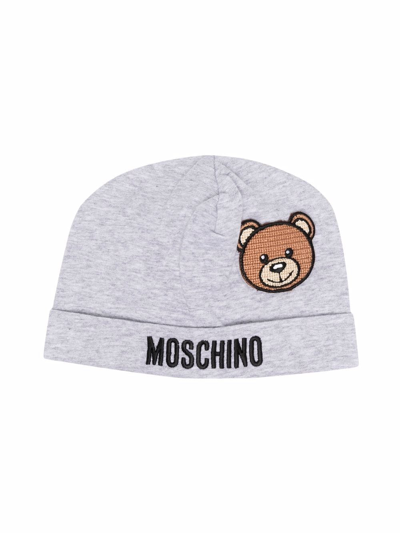 Shop Moschino Logo-embroidered Cotton Beanie In Grey
