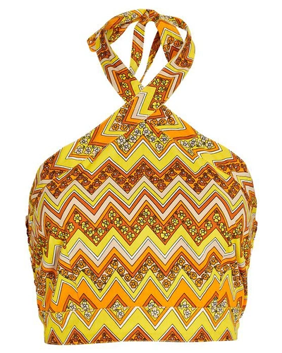 Shop S/w/f Printed Cotton Halter Crop Top In Yellow