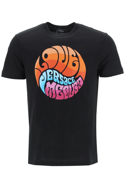 Shop Versace Medusa Music Print T-shirt In Black,orange,blue