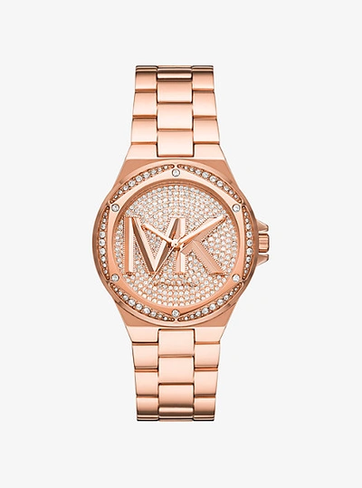 Shop Michael Kors Lennox Pavé Logo Rose Gold-tone Watch