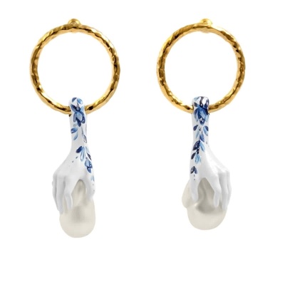 Shop Burberry Hand Faux-pearl Detail Earrings In Lgold/white/blue