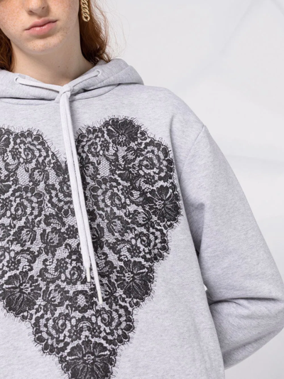 Shop Love Moschino Lace Heart Printed Hoodie In Grey