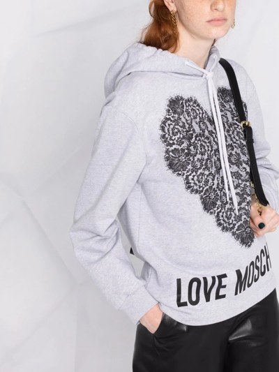 Shop Love Moschino Lace Heart Printed Hoodie In Grey