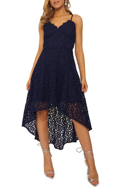 Shop Chi Chi London Strappy Lace High-low Dress In Navy