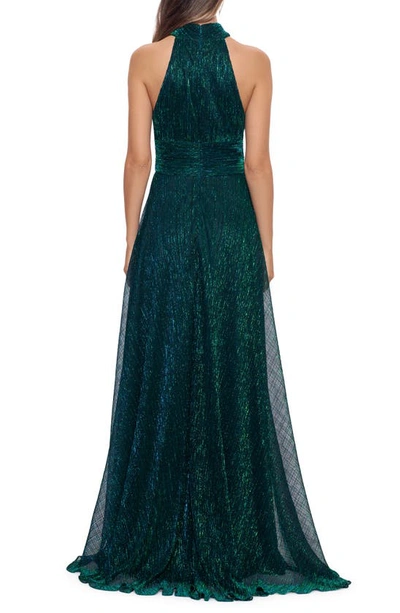 Betsy & Adam Metallic Sleeveless Halter Neck Open Back Gown In Jade