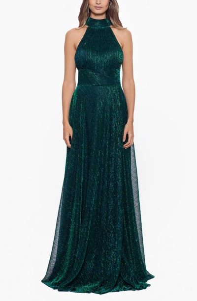 Betsy & Adam Metallic Sleeveless Halter Neck Open Back Gown In Jade