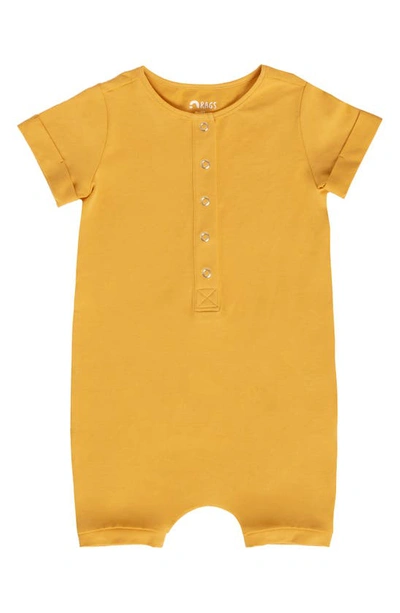 Rags To Raches Essentials Rolled Short Sleeve Henley Romper In Honey