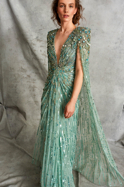 Shop Jenny Packham Women's Lotus Lady Embellished Cape Gown In Green