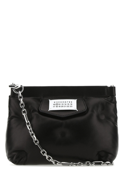 Maison Margiela Puffy Jet-black Leather Bag With Logo Patch And Silver Hardware In Black