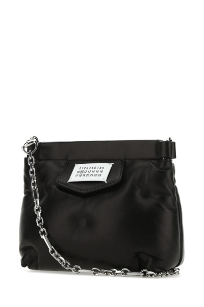 Maison Margiela Puffy Jet-black Leather Bag With Logo Patch And Silver Hardware In Black