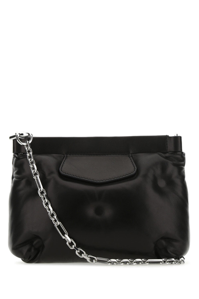 Maison Margiela Puffy Jet-black Leather Bag With Logo Patch And Silver Hardware In Black
