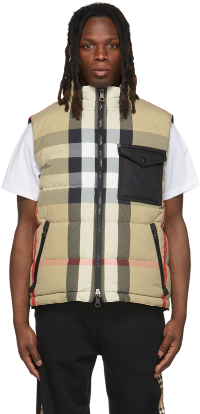 Shop Burberry Reversible Beige Recycled Nylon Puffer Gilet Vest In Archive Beige/black