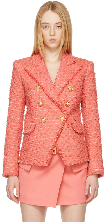 Balmain Pink Tweed Double-breasted Blazer In 4al Rose Saumon | ModeSens
