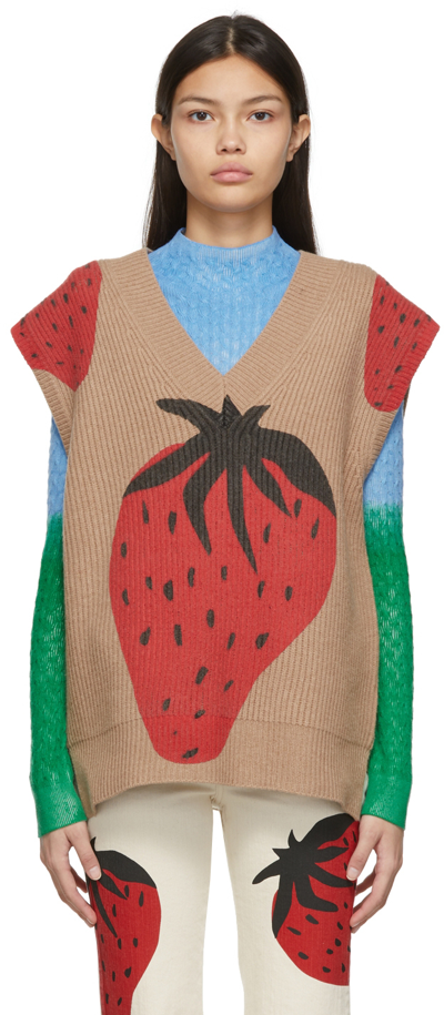 Shop Jw Anderson Brown Rib Strawberry V-neck Vest In 196 Brown/red