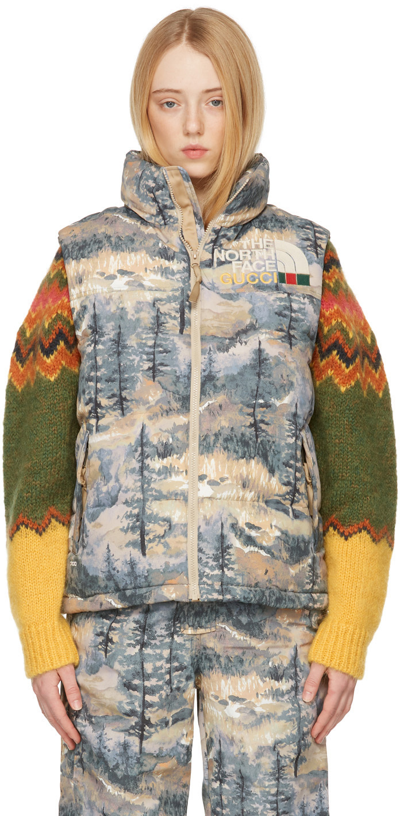 Shop Gucci Multicolor The North Face Edition Down Watercolor Vest In 3229 Dark Green/brow