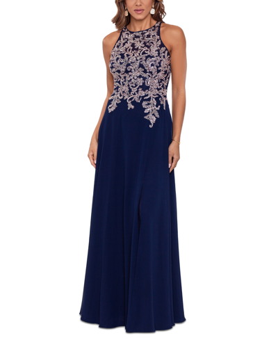 Shop Betsy & Adam Embellished-bodice Chiffon Gown In Navy/rose