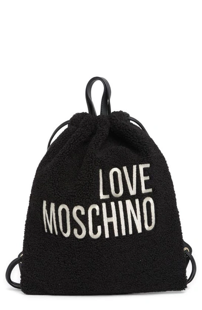 Shop Love Moschino Borsa Brand Logo Faux Shearling Backpack In Nero