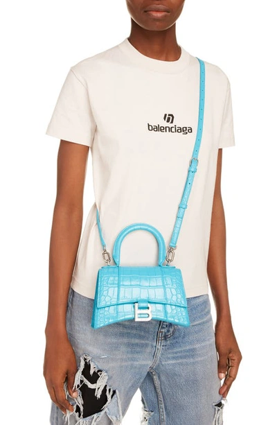Shop Balenciaga Extra Small Hourglass Croc Embossed Leather Top Handle Bag In Turquoise