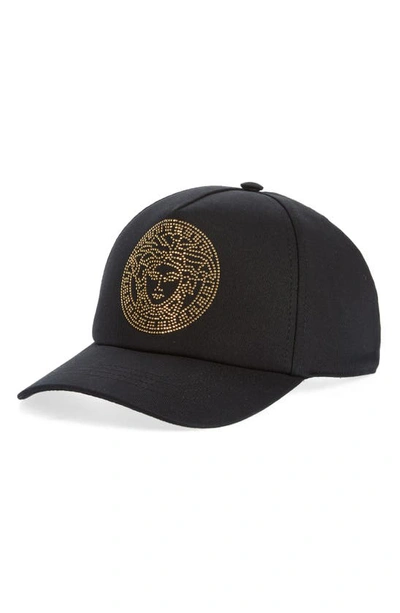 Shop Versace Medusa Studded Baseball Cap In Black/ Gold