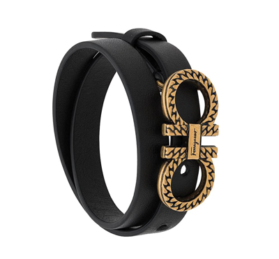 Shop Ferragamo Adjustable Gancini Double Bracelet In Black,gold Tone