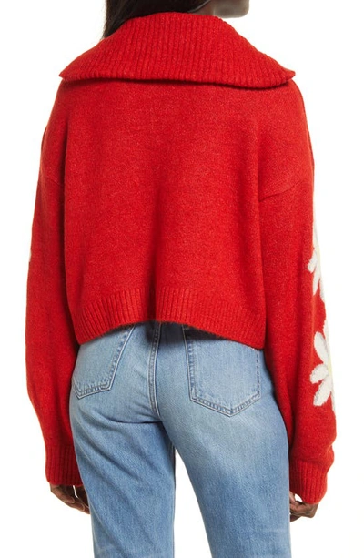 Shop Topshop Flower Knit Half Zip Sweater In Red