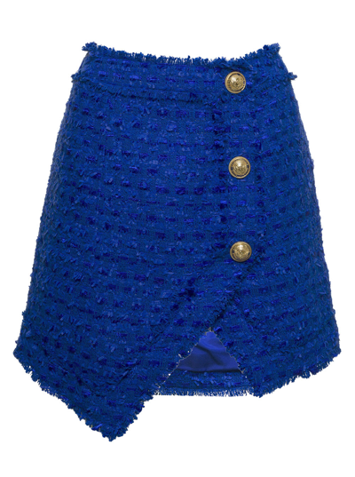 Shop Balmain Blue Asymmetrical Cotton Twill Skirt
