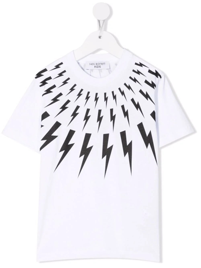 Shop Neil Barrett Kids White T-shirt With Black Fair-isle Thunderbolt Print On Front And Back In Bianco