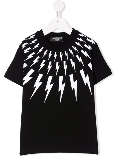 Shop Neil Barrett Kids Black T-shirt With White Fair-isle Thunderbolt Print On Front And Back In Nero