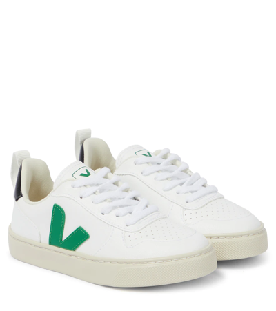 Shop Veja V-10 Faux Leather Sneakers In White Emeraude Black