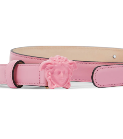 Shop Versace Medusa Leather Belt In Baby Pink- Gold