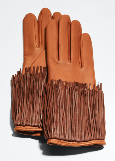Shop Agnelle Lena Fringe Leather Gloves In Black/cardinal