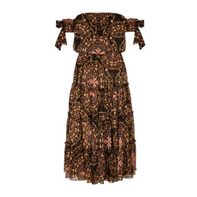 Shop Misa Micaela Floral-print Chiffon Midi Dress In Brown