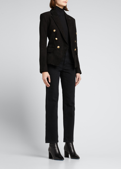 Shop L Agence Kenzie Double-breasted Suede Blazer In Black