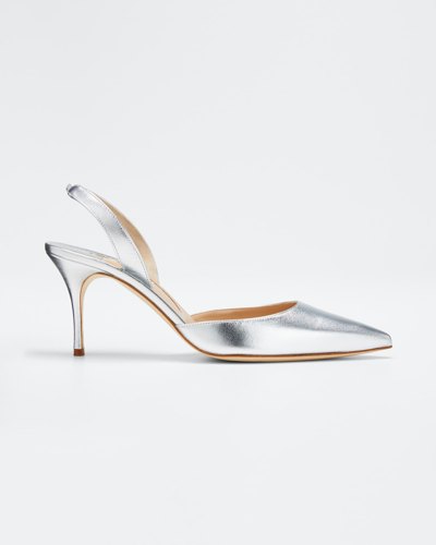Shop Manolo Blahnik Carolyne Metallic Leather Mid-heel Slingback Pumps In Silver