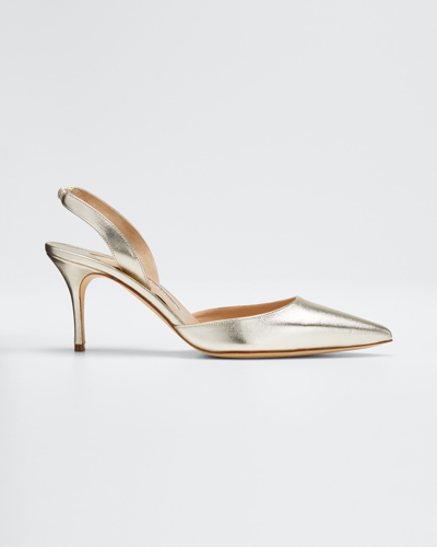 Manolo Blahnik Carolyne Metallic Leather Mid-heel Slingback Pumps In Gold