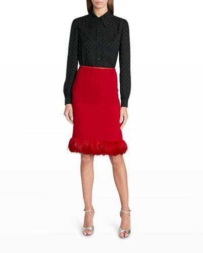 Shop Saint Laurent Feather-trim Straight Silk Skirt In Red