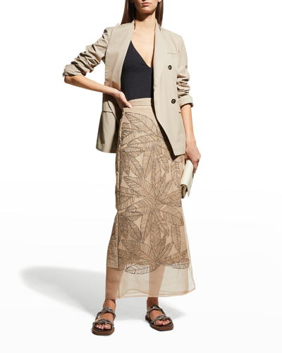 Shop Brunello Cucinelli Linen Maxi Wrap Skirt W/ Embroidered Silk Overlay In C038 Sand