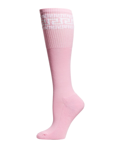 Shop Versace Greca Intarsia Knee-high Socks In Candy White