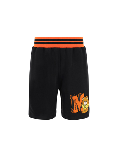 Shop Moschino Striped Waistband Teddy Patch Shorts In Black