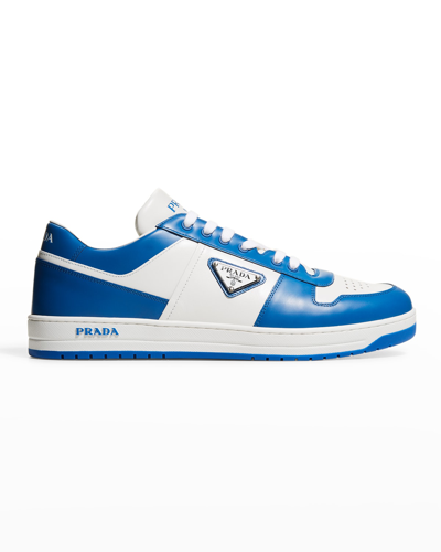 Shop Prada Men's Low-top Leather Downtown Sneakers W/ Logo Plaqu&eacute; In Bianco Cobalto