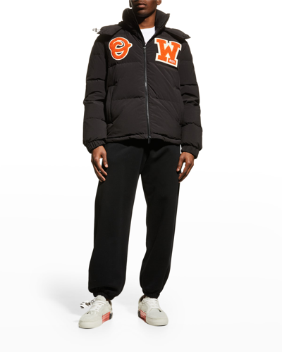 Shop Off-white Men's Logo-patch Hooded Puffer Jacket In Black