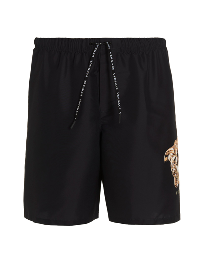 Shop Versace Logo Detailed Drawstring Swim Shorts In Black