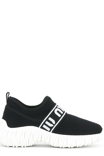 Shop Miu Miu Logo Slip On Sneakers In Black
